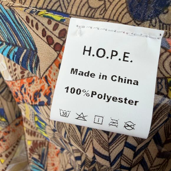 HOPE Boho Sheer Printed Cape Poncho Top Tan Tie Neck Ruffle Hem Festival Hippie - Picture 3 of 11